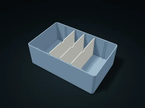 Slot-In Divider Box model preview, default size 220 × 140 × 75 mm, 4 parts