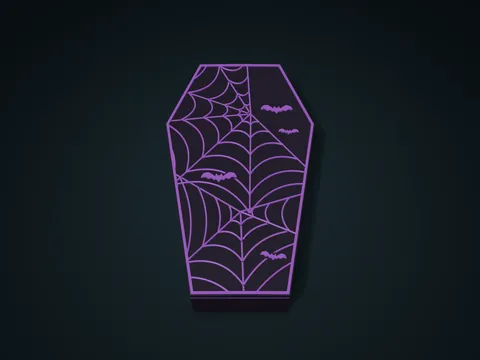 Curved Spiderweb Coffin Jewelry Box model preview, default size 125.2 × 210 × 45.5 mm, 2 parts