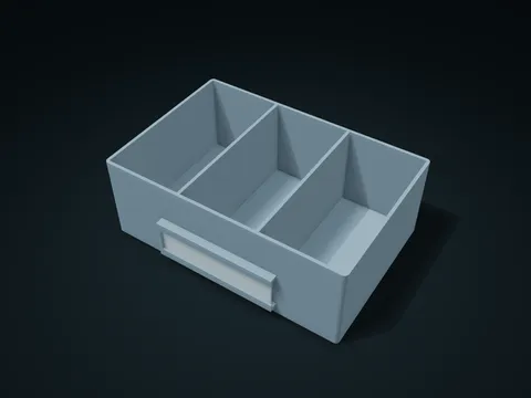 Side-Insert Label Divided Box model preview, default size 180 × 125 × 65 mm, 2 parts