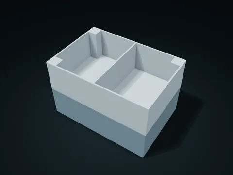 Four-Pin Aligned Stacking Boxes model preview, default size 175 × 120 × 110 mm, 6 parts