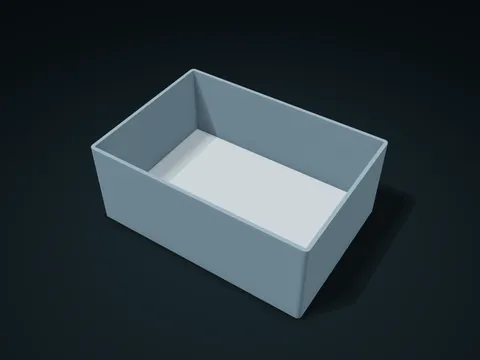 Bottom-Push Tray Access Box model preview, default size 150 × 105 × 60 mm, 2 parts