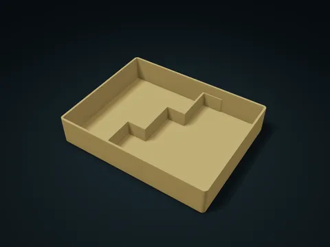 Stepped Fold Long & Short Item Zone Tray model preview, default size 180 × 140 × 34 mm, 1 part