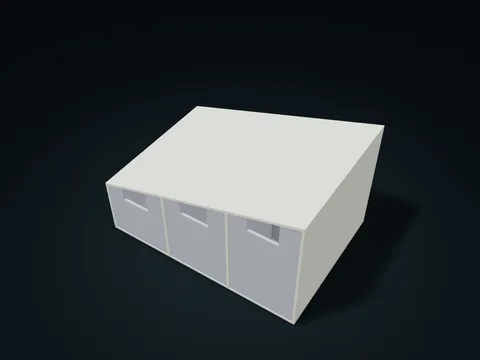 Sloped-Top Drawer Box model preview, default size 200 × 140 × 120 mm, 4 parts