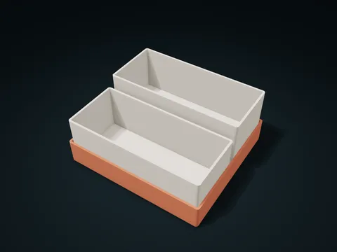 Staggered Two-Cup Lift-Out Box model preview, default size 160 × 145 × 70 mm, 3 parts