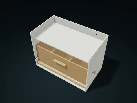 Arc-Slot Tip-Out Bin model preview, default size 168.8 × 96.4 × 119.4 mm, 3 parts