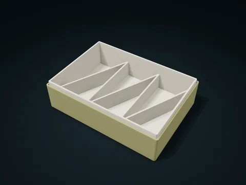 Triangle Shared-Wall Lift-Out Box model preview, default size 185 × 130 × 50 mm, 2 parts